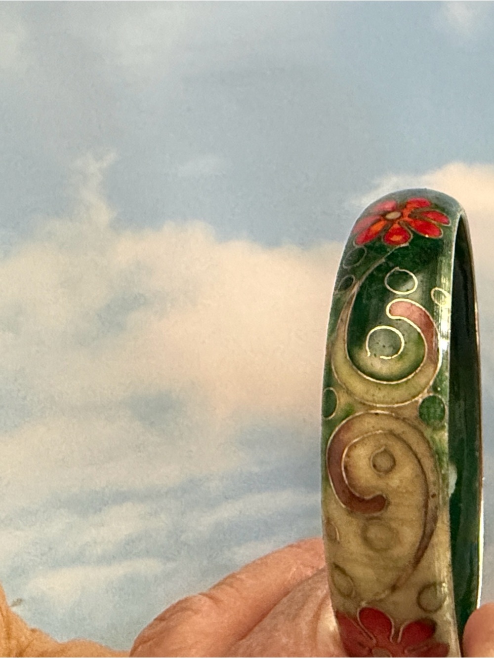 Green Floral Cloisonné Bangle Bracelet - Unbranded vtg
